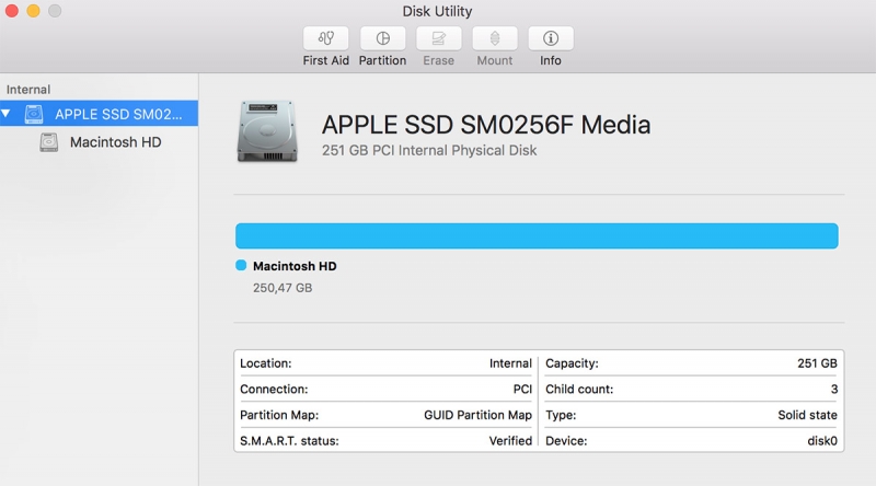 Информация об SSD в Disk Utility